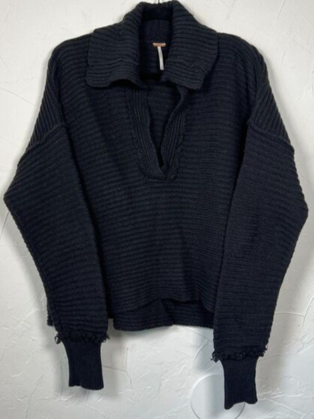 Free People Black Ribbed V-Neck Fold-Over Collar Sweater